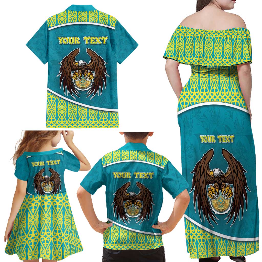 Personalized Kazakhstan Family Matching Off Shoulder Maxi Dress and Hawaiian Shirt The Eagle With Kazakh Patterns - Wonder Print Shop