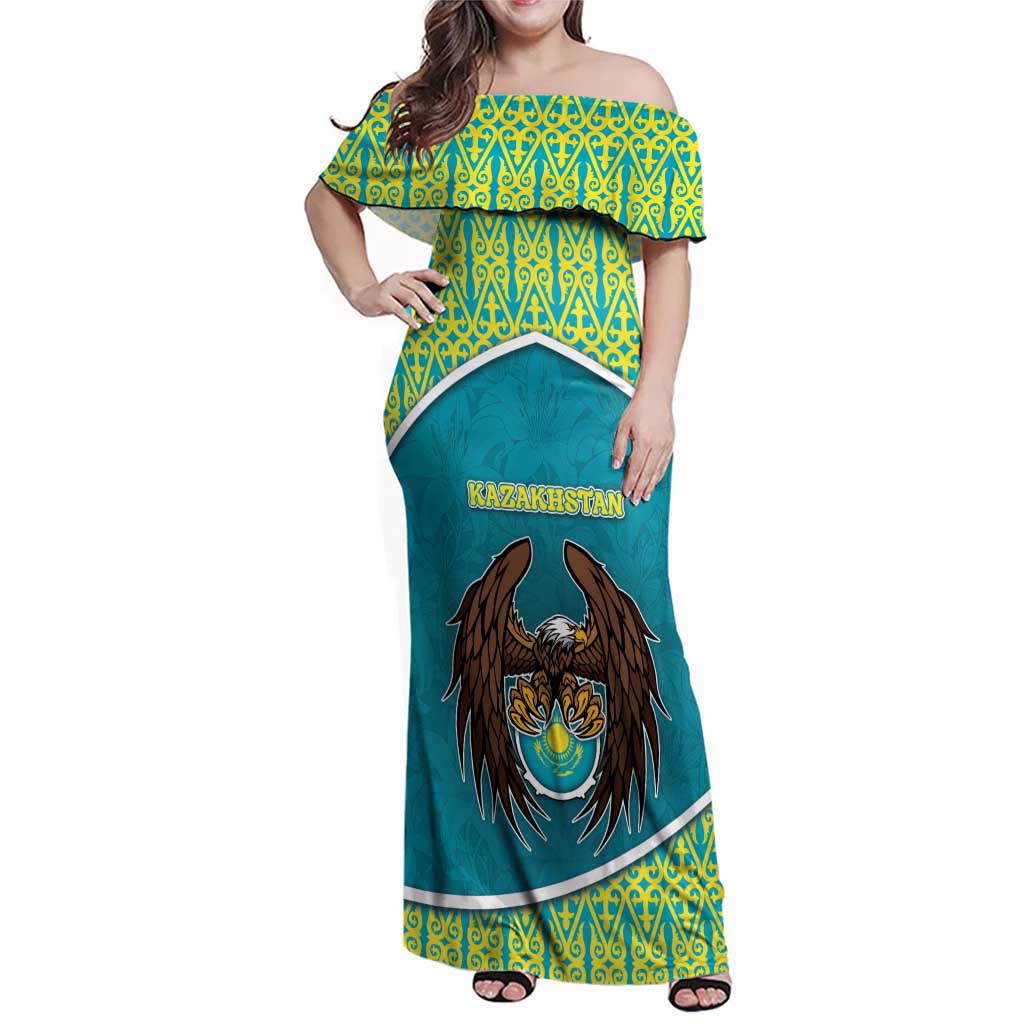 Personalized Kazakhstan Family Matching Off Shoulder Maxi Dress and Hawaiian Shirt The Eagle With Kazakh Patterns - Wonder Print Shop