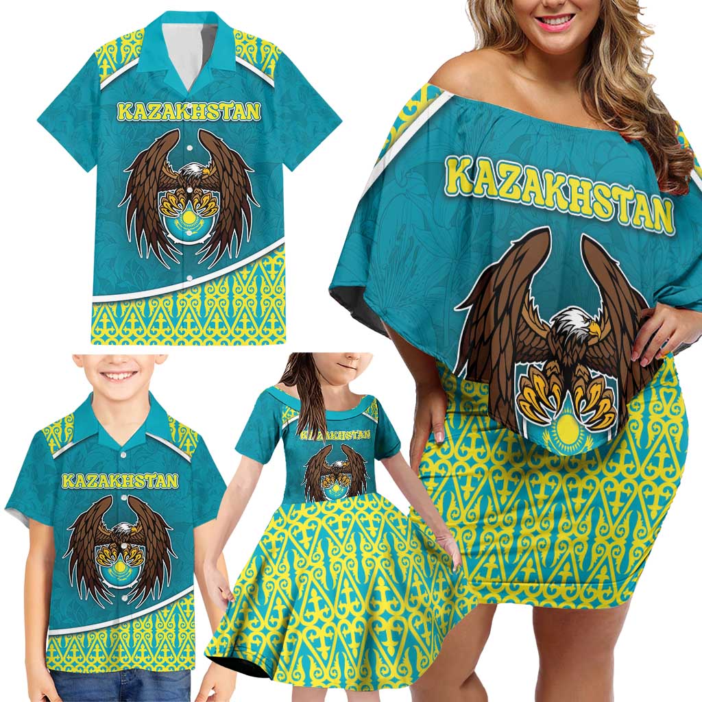 Personalized Kazakhstan Family Matching Off Shoulder Short Dress and Hawaiian Shirt The Eagle With Kazakh Patterns - Wonder Print Shop