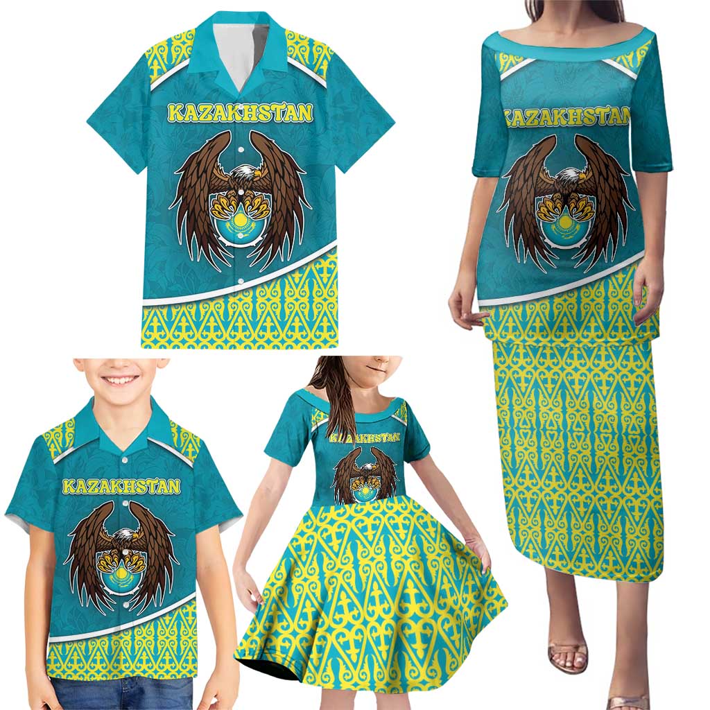 Personalized Kazakhstan Family Matching Puletasi and Hawaiian Shirt The Eagle With Kazakh Patterns - Wonder Print Shop