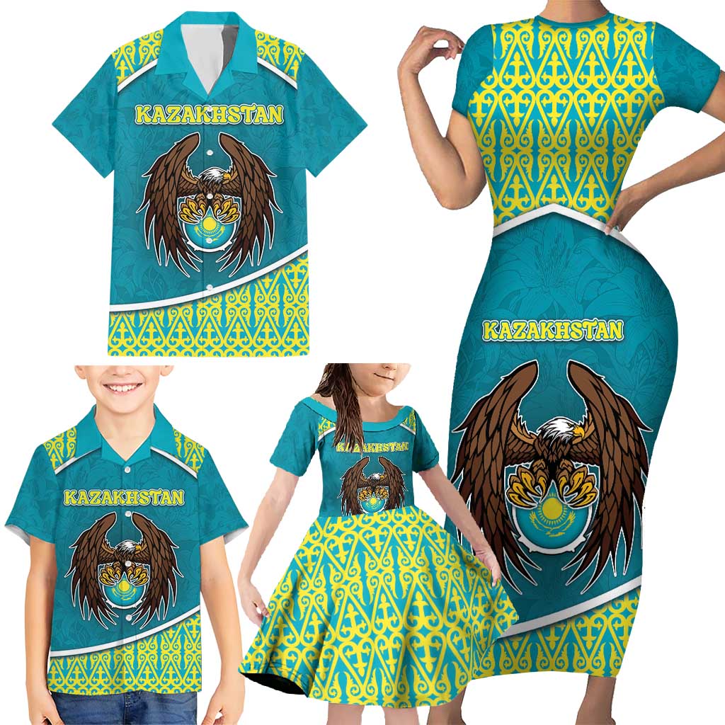 Personalized Kazakhstan Family Matching Short Sleeve Bodycon Dress and Hawaiian Shirt The Eagle With Kazakh Patterns - Wonder Print Shop