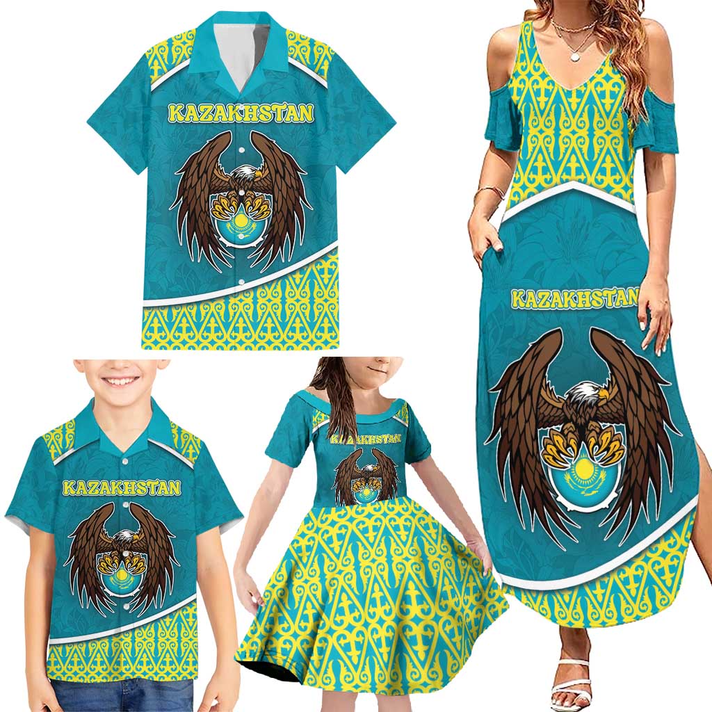Personalized Kazakhstan Family Matching Summer Maxi Dress and Hawaiian Shirt The Eagle With Kazakh Patterns - Wonder Print Shop