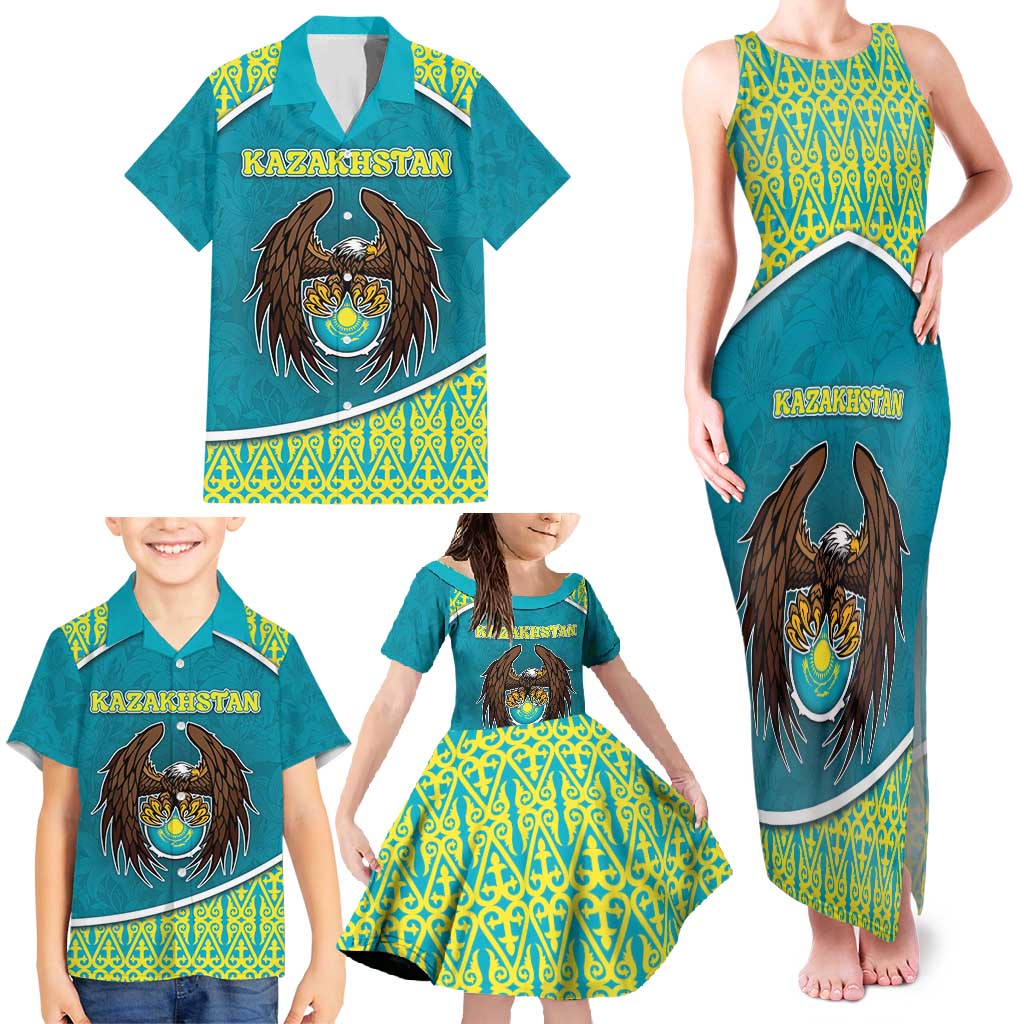 Personalized Kazakhstan Family Matching Tank Maxi Dress and Hawaiian Shirt The Eagle With Kazakh Patterns - Wonder Print Shop