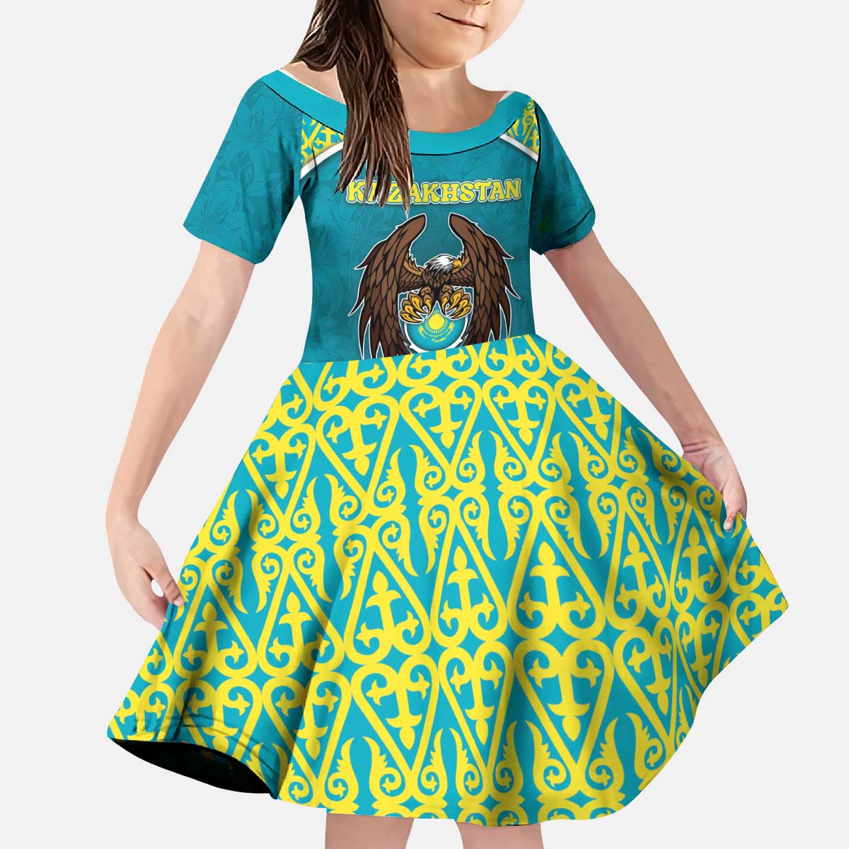 Personalized Kazakhstan Kid Short Sleeve Dress The Eagle With Kazakh Patterns - Wonder Print Shop