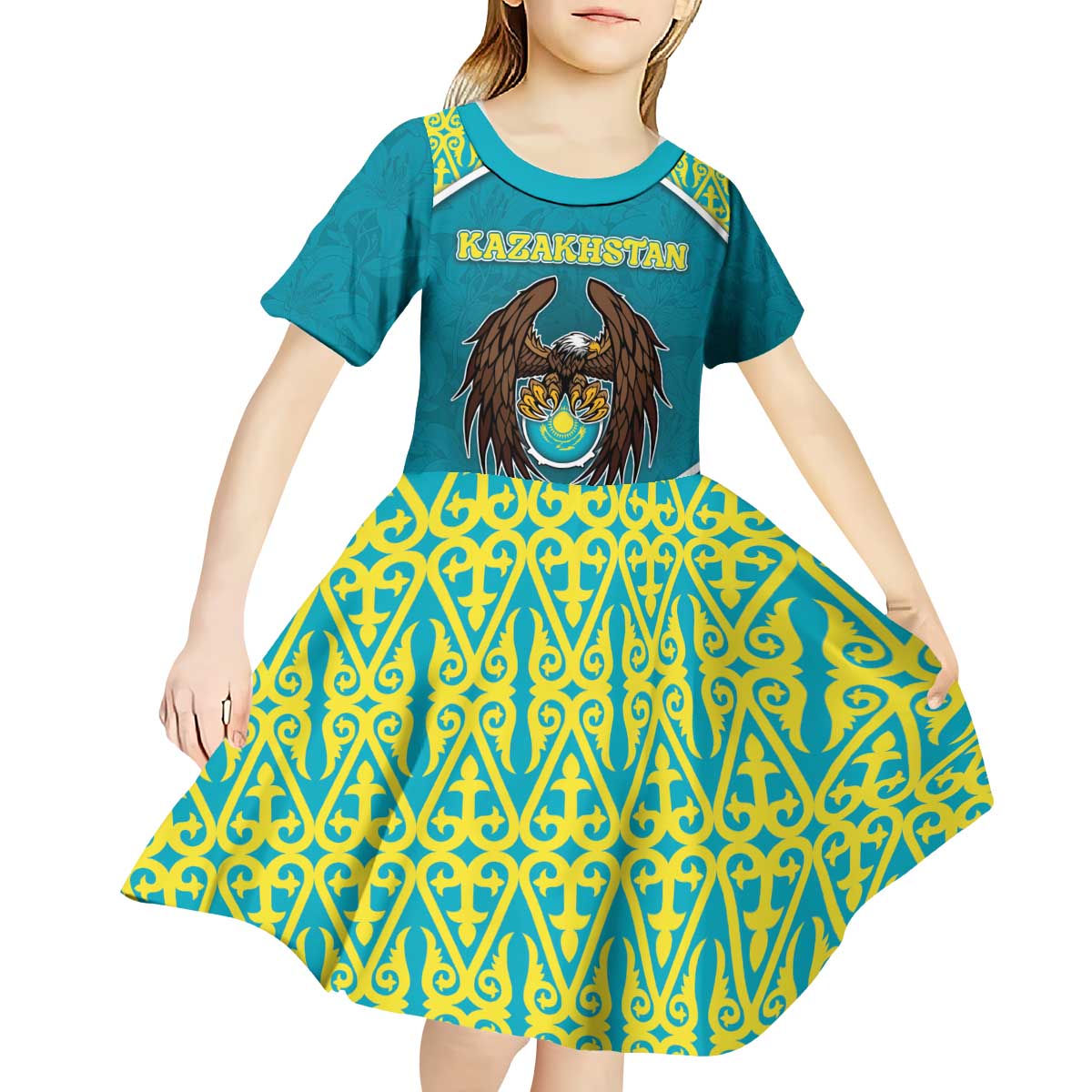 Personalized Kazakhstan Kid Short Sleeve Dress The Eagle With Kazakh Patterns - Wonder Print Shop