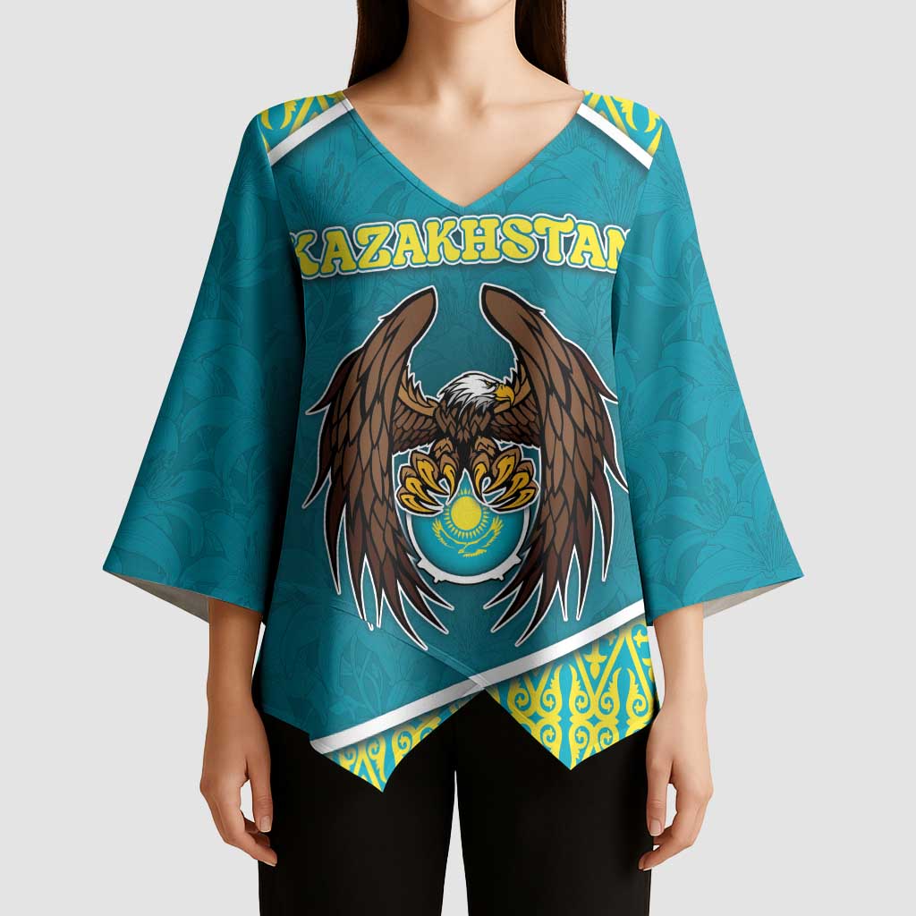 Personalized Kazakhstan Kimono Sleeve Blouse The Eagle With Kazakh Patterns - Wonder Print Shop