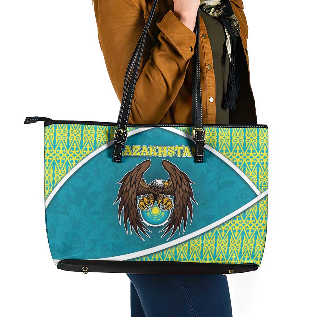 Kazakhstan Leather Tote Bag The Eagle With Kazakh Patterns - Wonder Print Shop