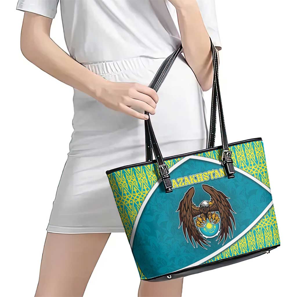 Kazakhstan Leather Tote Bag The Eagle With Kazakh Patterns - Wonder Print Shop