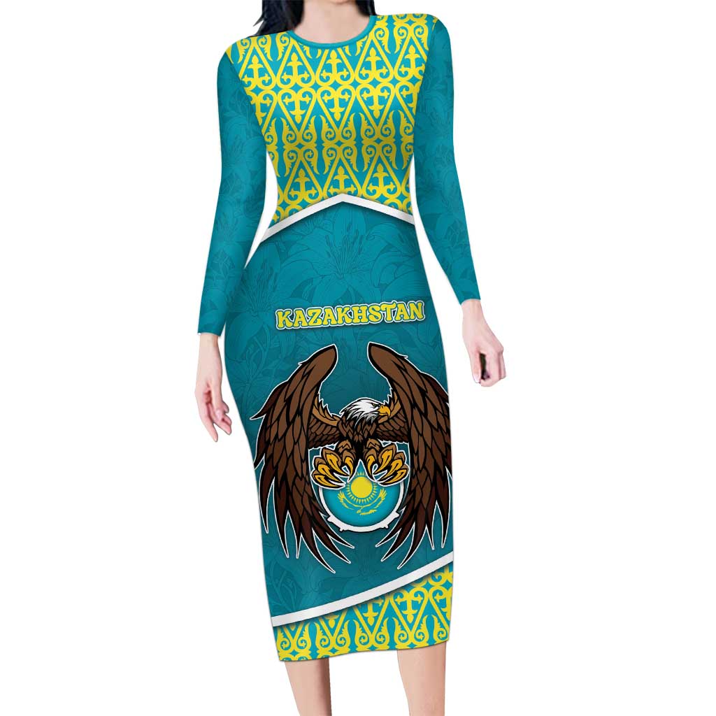 Personalized Kazakhstan Long Sleeve Bodycon Dress The Eagle With Kazakh Patterns - Wonder Print Shop