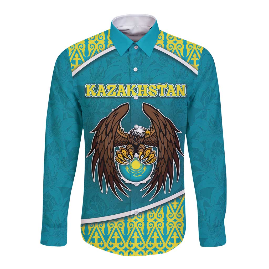 Personalized Kazakhstan Long Sleeve Button Shirt The Eagle With Kazakh Patterns - Wonder Print Shop
