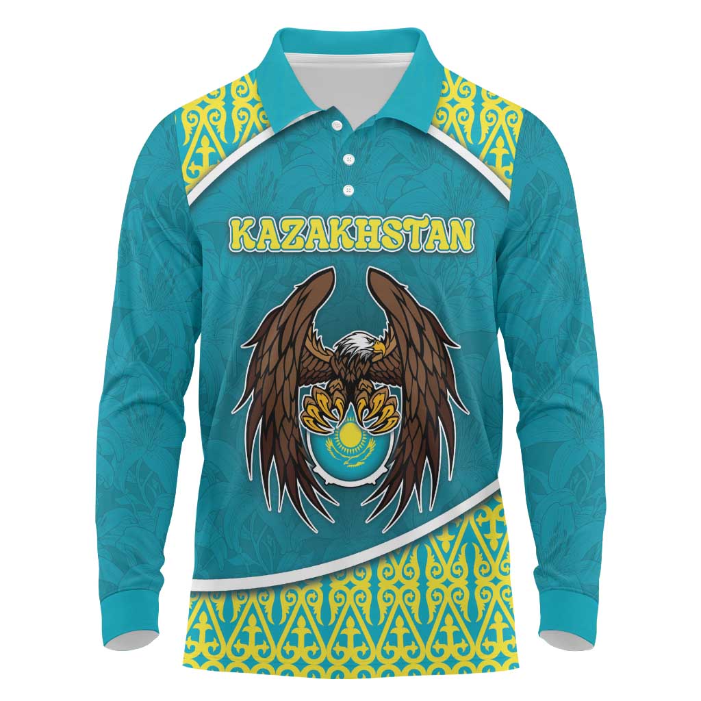 Personalized Kazakhstan Long Sleeve Polo Shirt The Eagle With Kazakh Patterns - Wonder Print Shop