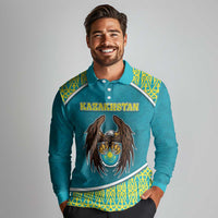 Personalized Kazakhstan Long Sleeve Polo Shirt The Eagle With Kazakh Patterns - Wonder Print Shop