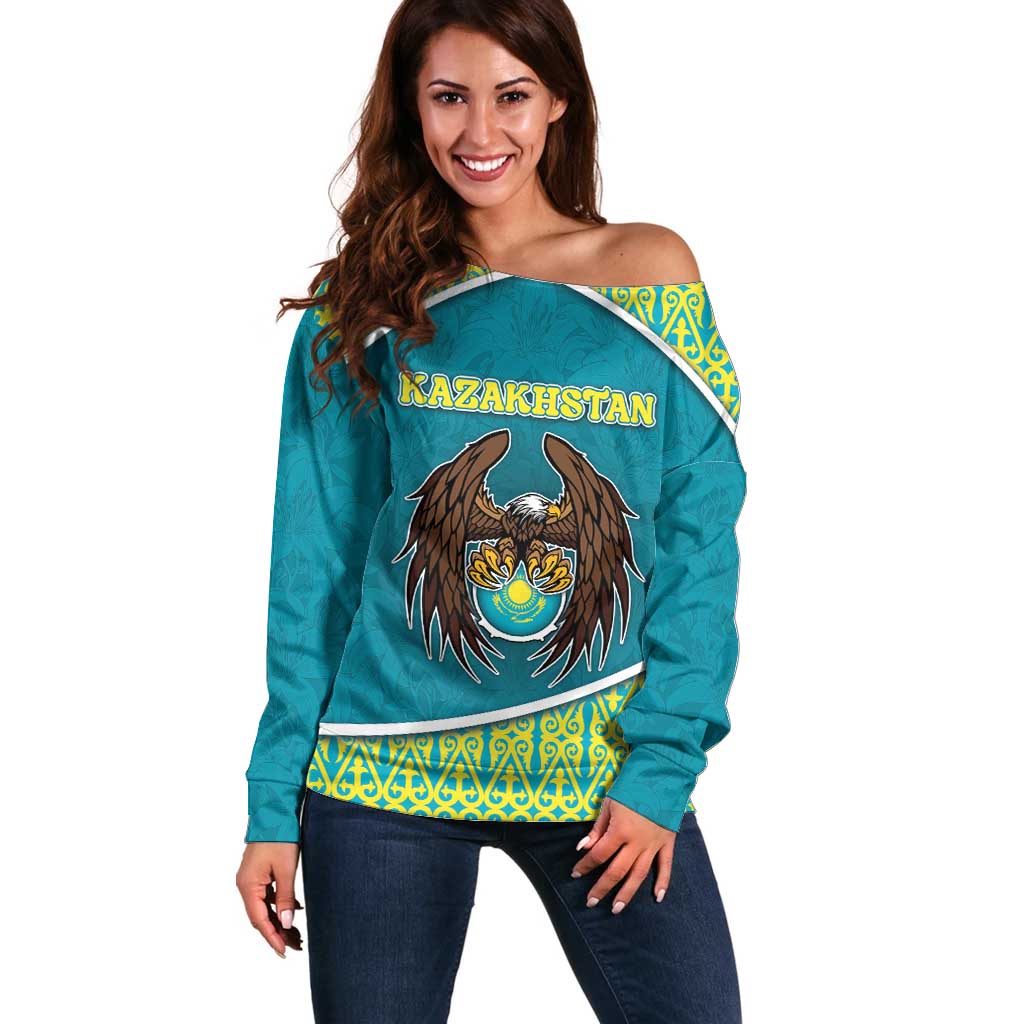 Personalized Kazakhstan Off Shoulder Sweater The Eagle With Kazakh Patterns - Wonder Print Shop