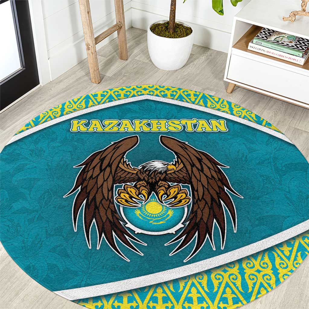 Kazakhstan Round Carpet The Eagle With Kazakh Patterns - Wonder Print Shop