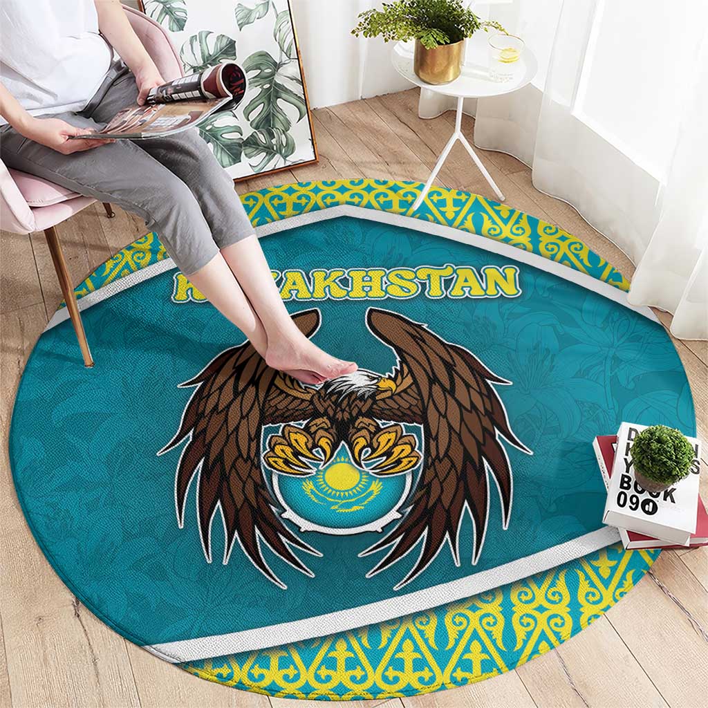 Kazakhstan Round Carpet The Eagle With Kazakh Patterns - Wonder Print Shop