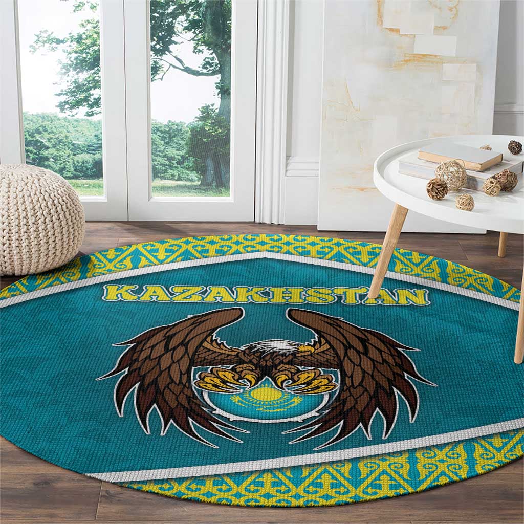 Kazakhstan Round Carpet The Eagle With Kazakh Patterns - Wonder Print Shop