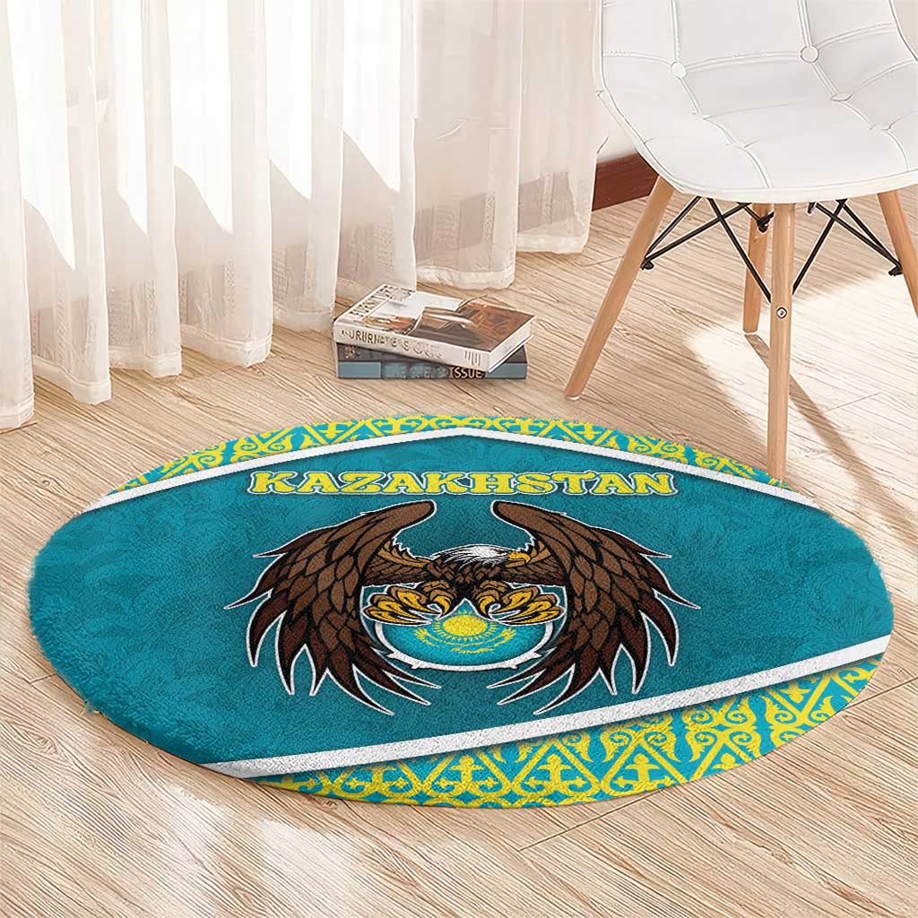 Kazakhstan Round Carpet The Eagle With Kazakh Patterns - Wonder Print Shop