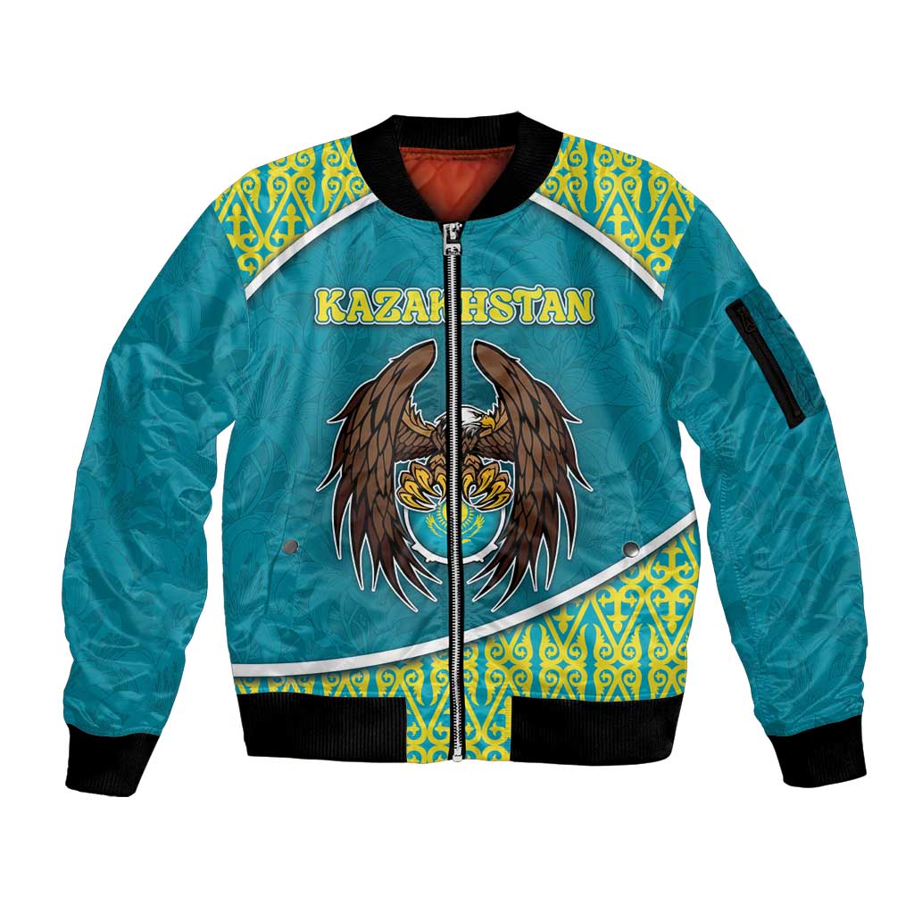 Personalized Kazakhstan Sleeve Zip Bomber Jacket The Eagle With Kazakh Patterns - Wonder Print Shop