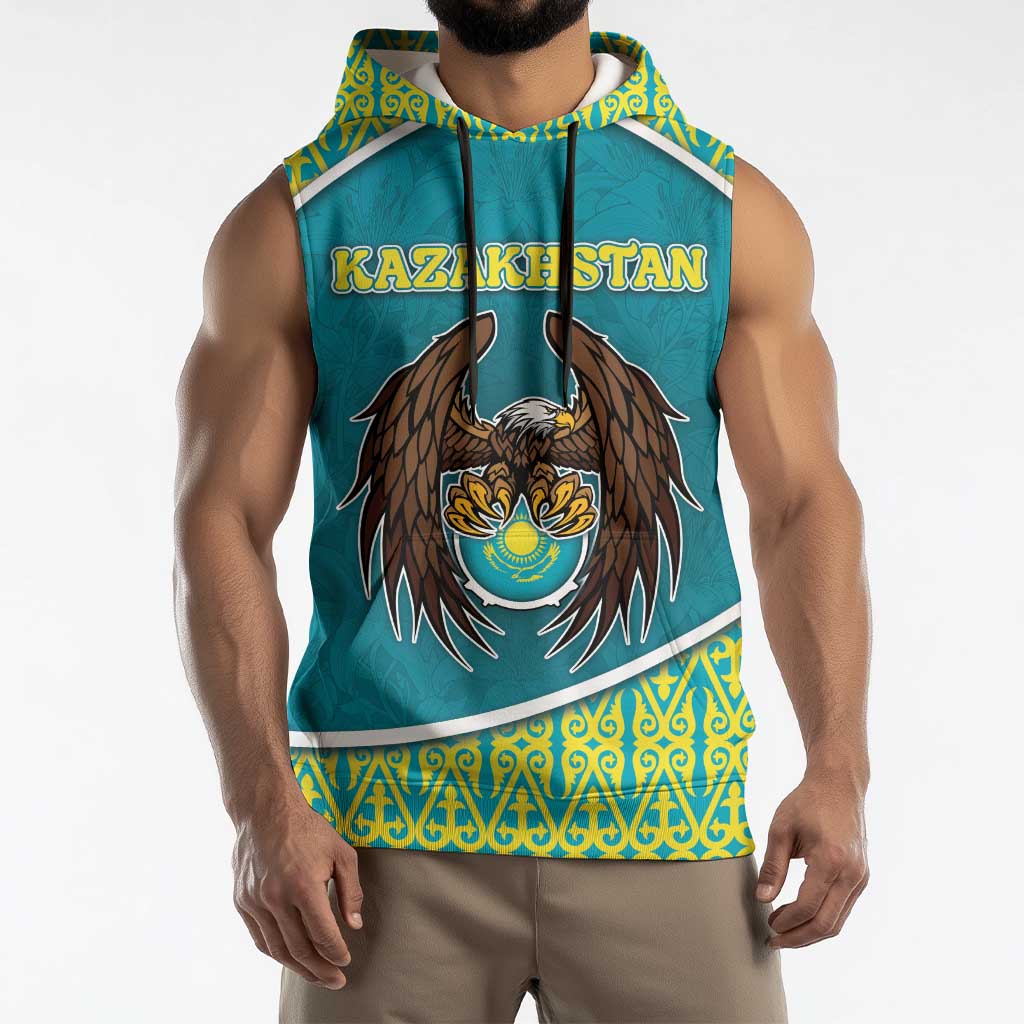 Personalized Kazakhstan Sleeveless Hoodie The Eagle With Kazakh Patterns - Wonder Print Shop