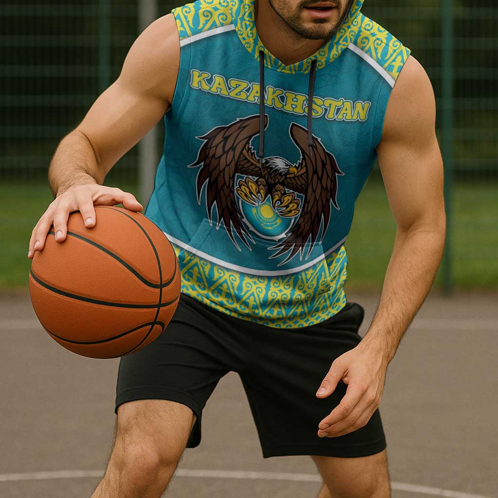 Personalized Kazakhstan Sleeveless Hoodie The Eagle With Kazakh Patterns - Wonder Print Shop