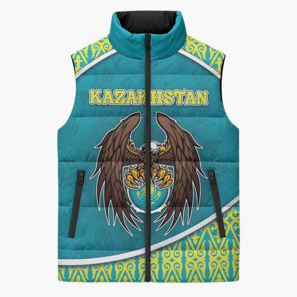 Personalized Kazakhstan Sleeveless Puffer Jacket The Eagle With Kazakh Patterns - Wonder Print Shop