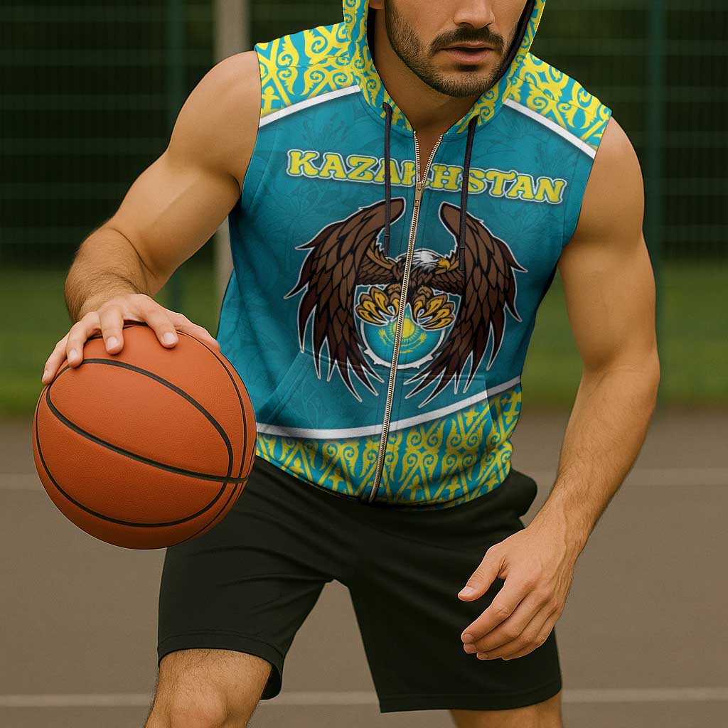 Personalized Kazakhstan Sleeveless Zip Hoodie The Eagle With Kazakh Patterns - Wonder Print Shop