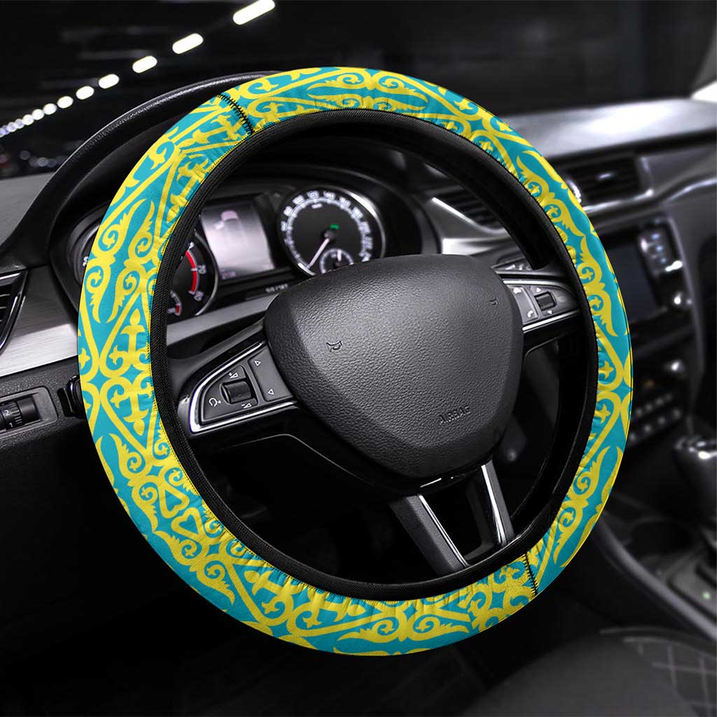Kazakhstan Steering Wheel Cover The Eagle With Kazakh Patterns - Wonder Print Shop