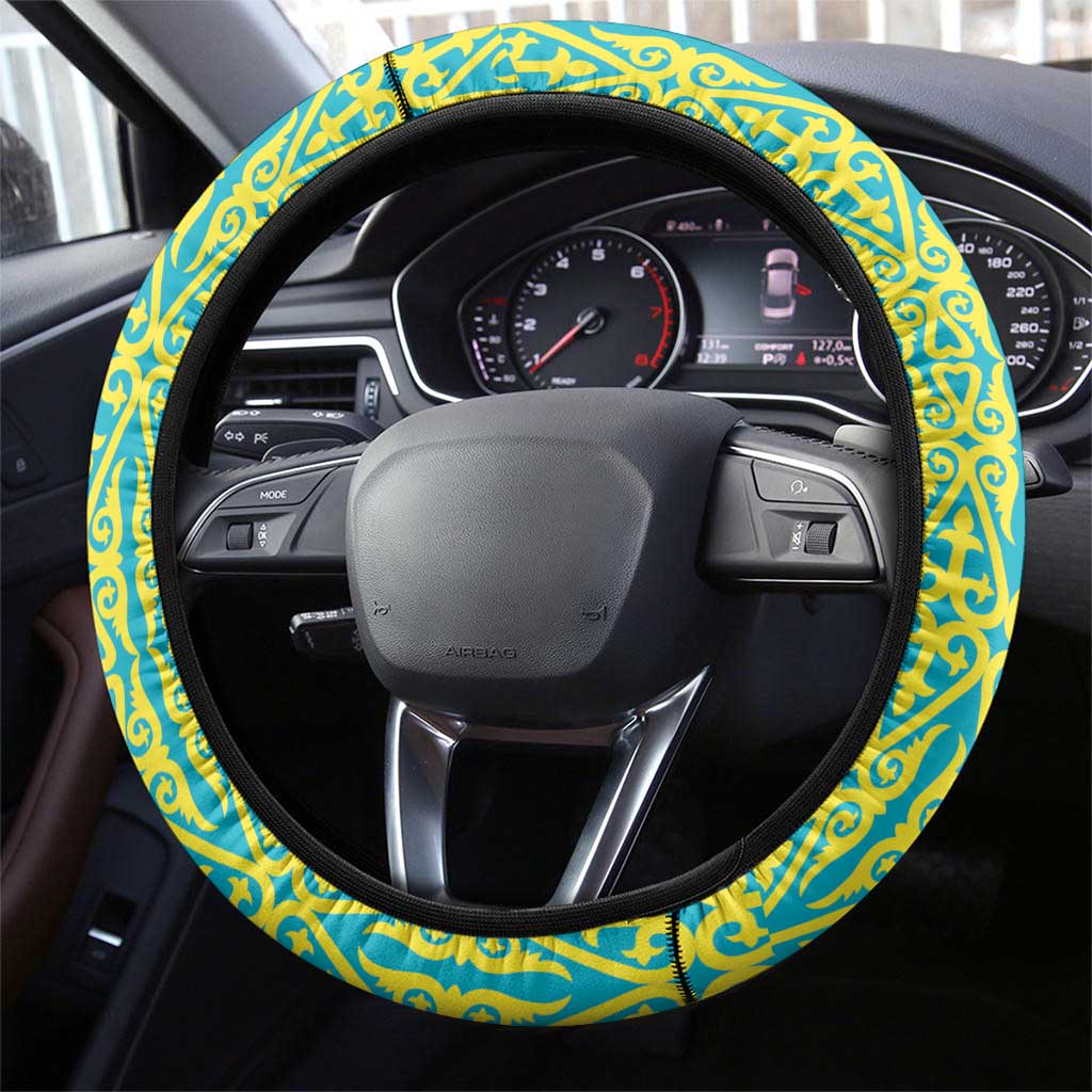 Kazakhstan Steering Wheel Cover The Eagle With Kazakh Patterns - Wonder Print Shop