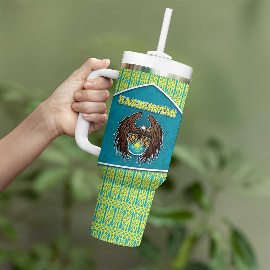 Personalized Kazakhstan Tumbler With Handle The Eagle With Kazakh Patterns - Wonder Print Shop