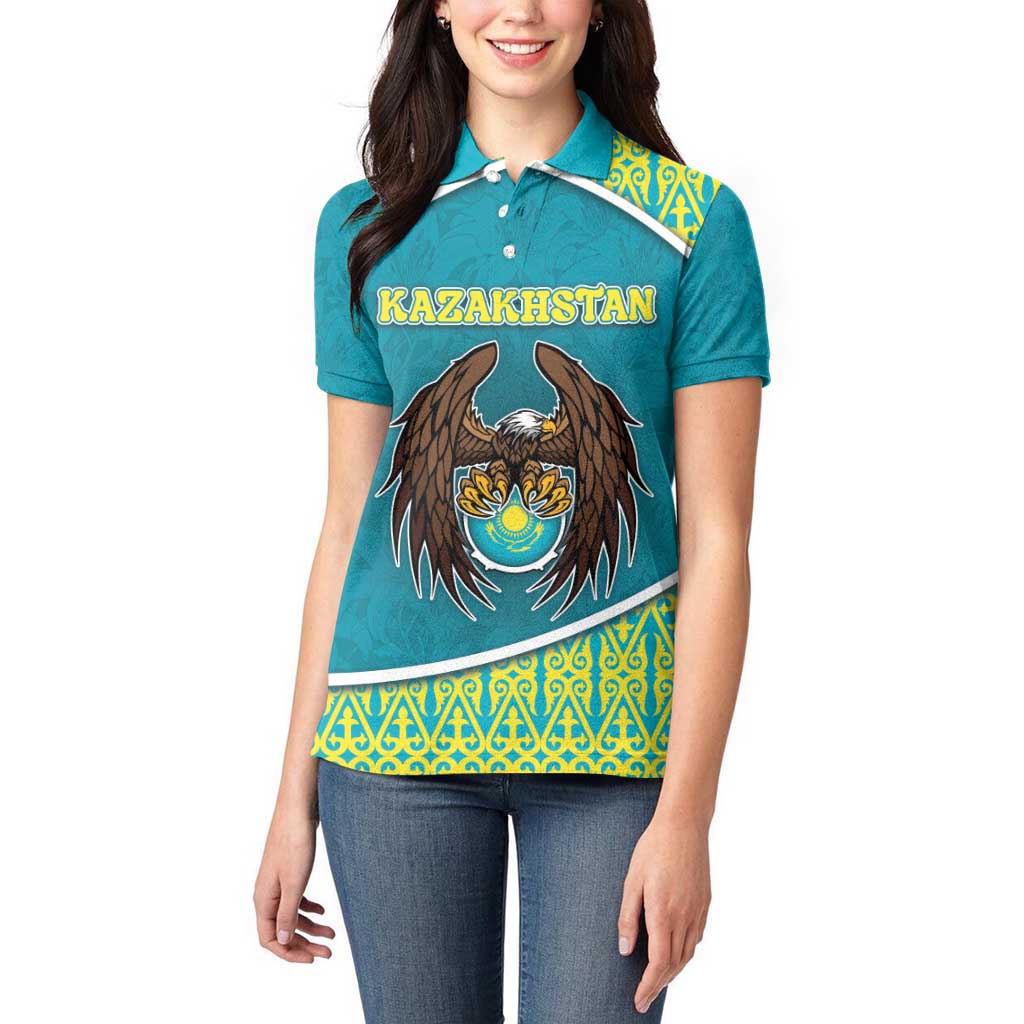 Personalized Kazakhstan Women Polo Shirt The Eagle With Kazakh Patterns - Wonder Print Shop