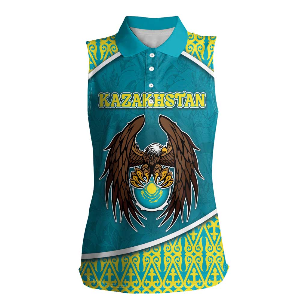 Personalized Kazakhstan Women Sleeveless Polo Shirt The Eagle With Kazakh Patterns - Wonder Print Shop