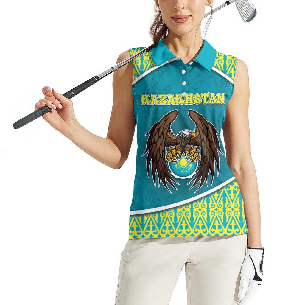 Personalized Kazakhstan Women Sleeveless Polo Shirt The Eagle With Kazakh Patterns - Wonder Print Shop