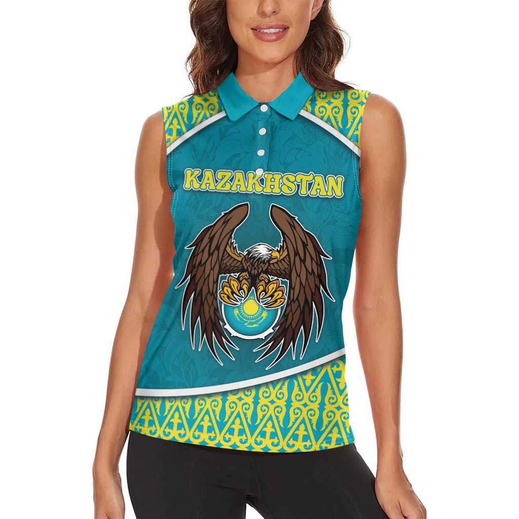 Personalized Kazakhstan Women Sleeveless Polo Shirt The Eagle With Kazakh Patterns - Wonder Print Shop