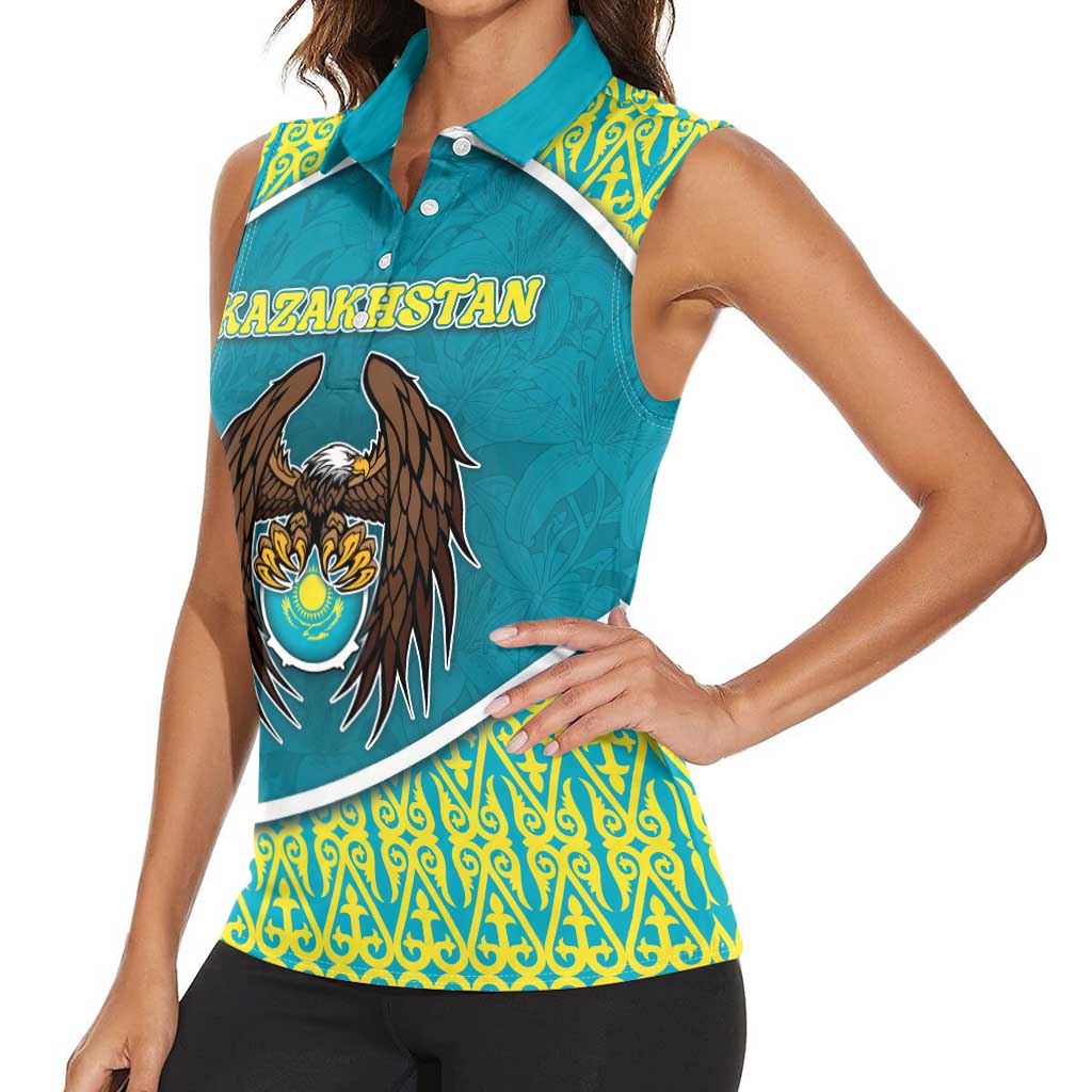 Personalized Kazakhstan Women Sleeveless Polo Shirt The Eagle With Kazakh Patterns - Wonder Print Shop
