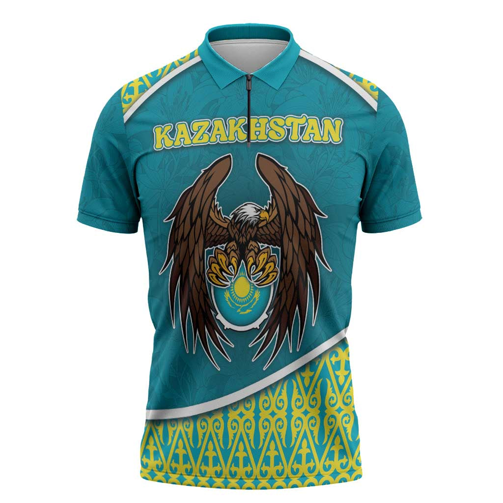 Personalized Kazakhstan Zipper Polo Shirt The Eagle With Kazakh Patterns - Wonder Print Shop