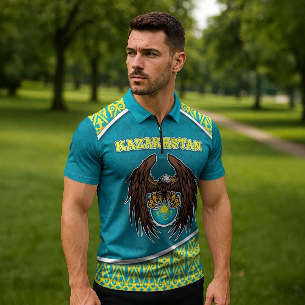 Personalized Kazakhstan Zipper Polo Shirt The Eagle With Kazakh Patterns - Wonder Print Shop