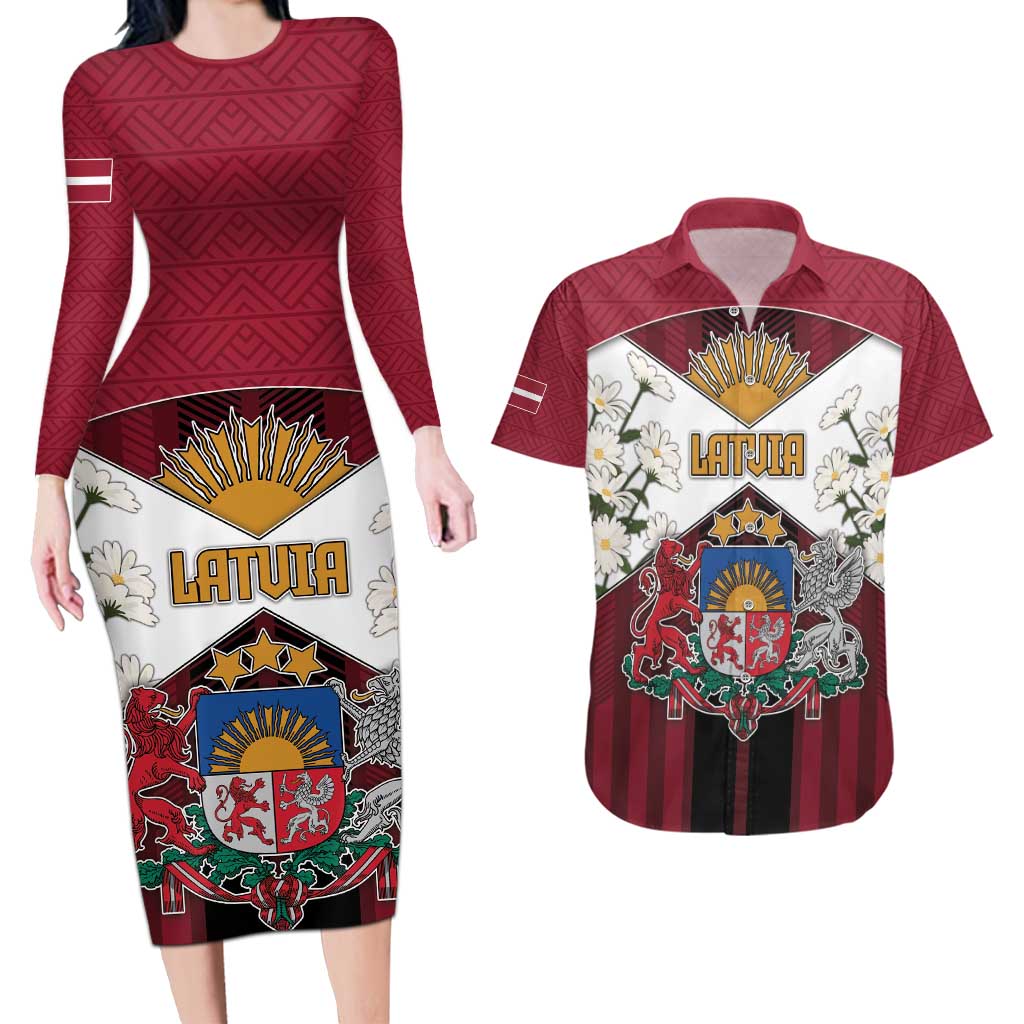 Personalized Latvia Couples Matching Long Sleeve Bodycon Dress and Hawaiian Shirt Symbol With Latvians Patterns - Wonder Print Shop