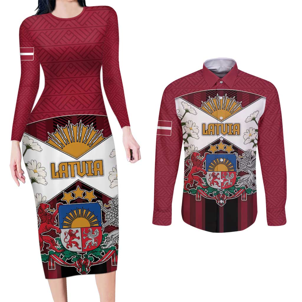 Personalized Latvia Couples Matching Long Sleeve Bodycon Dress and Long Sleeve Button Shirt Symbol With Latvians Patterns - Wonder Print Shop