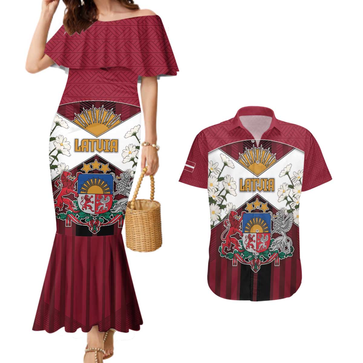 Personalized Latvia Couples Matching Mermaid Dress and Hawaiian Shirt Symbol With Latvians Patterns - Wonder Print Shop