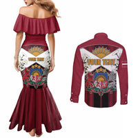 Personalized Latvia Couples Matching Mermaid Dress and Long Sleeve Button Shirt Symbol With Latvians Patterns - Wonder Print Shop