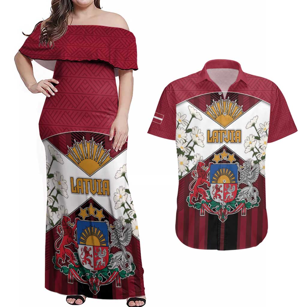 Personalized Latvia Couples Matching Off Shoulder Maxi Dress and Hawaiian Shirt Symbol With Latvians Patterns - Wonder Print Shop