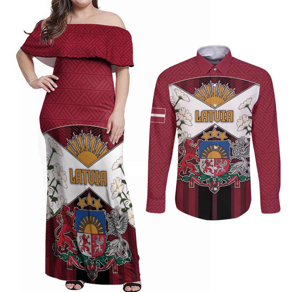 Personalized Latvia Couples Matching Off Shoulder Maxi Dress and Long Sleeve Button Shirt Symbol With Latvians Patterns - Wonder Print Shop