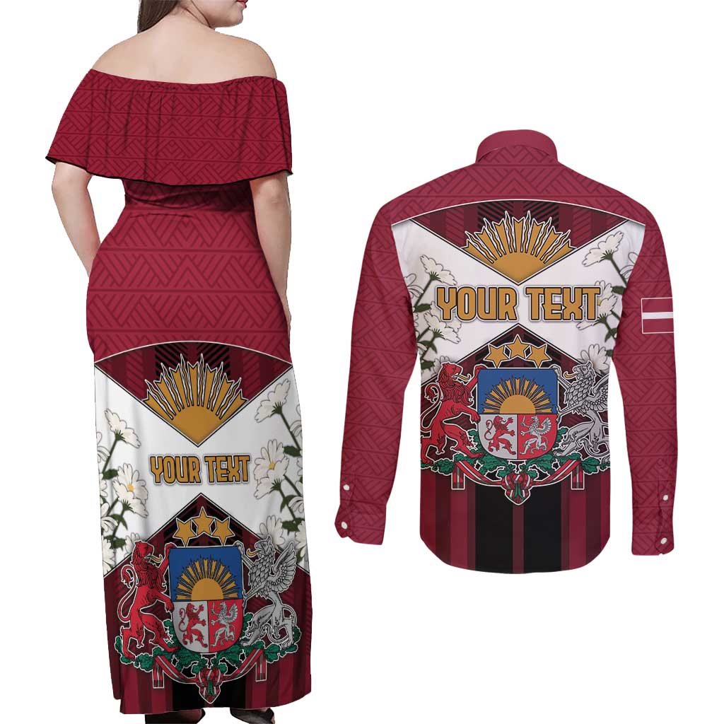 Personalized Latvia Couples Matching Off Shoulder Maxi Dress and Long Sleeve Button Shirt Symbol With Latvians Patterns - Wonder Print Shop