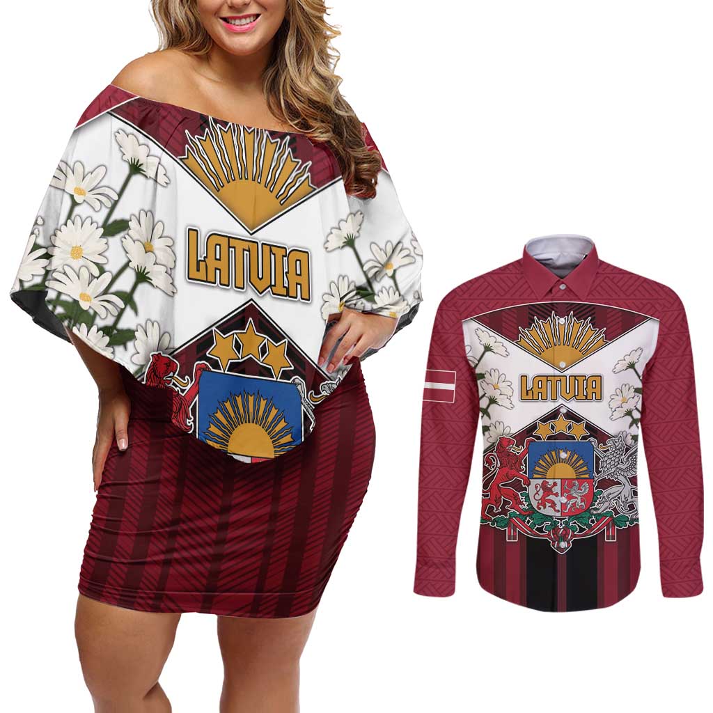 Personalized Latvia Couples Matching Off Shoulder Short Dress and Long Sleeve Button Shirt Symbol With Latvians Patterns - Wonder Print Shop