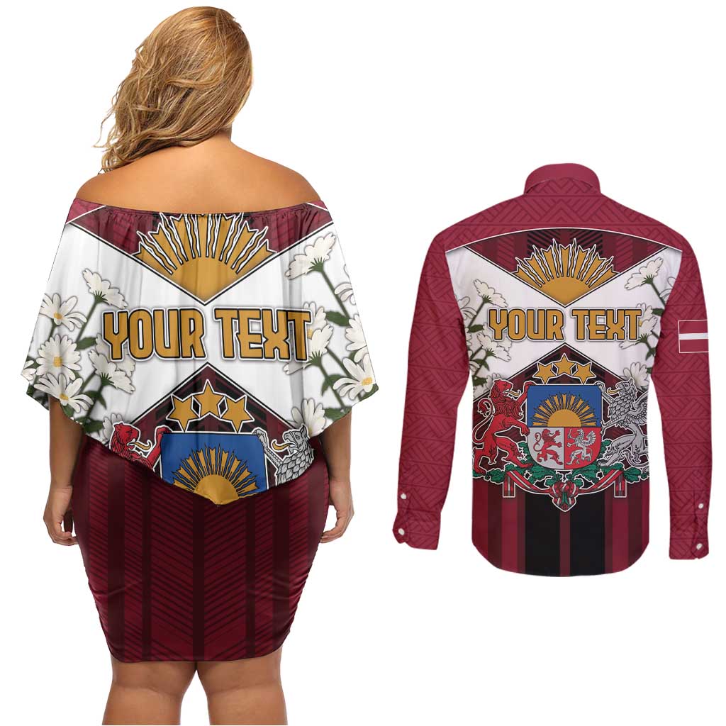 Personalized Latvia Couples Matching Off Shoulder Short Dress and Long Sleeve Button Shirt Symbol With Latvians Patterns - Wonder Print Shop