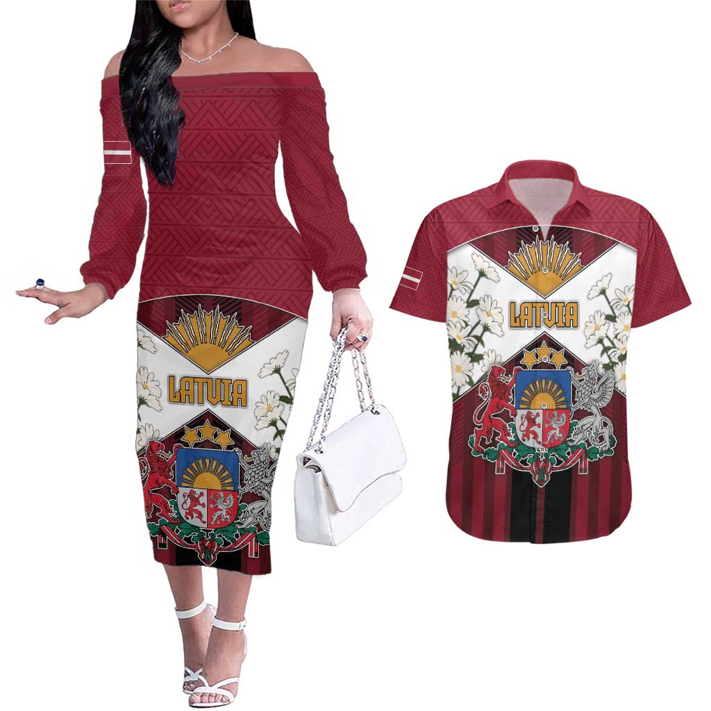 Personalized Latvia Couples Matching Off The Shoulder Long Sleeve Dress and Hawaiian Shirt Symbol With Latvians Patterns - Wonder Print Shop