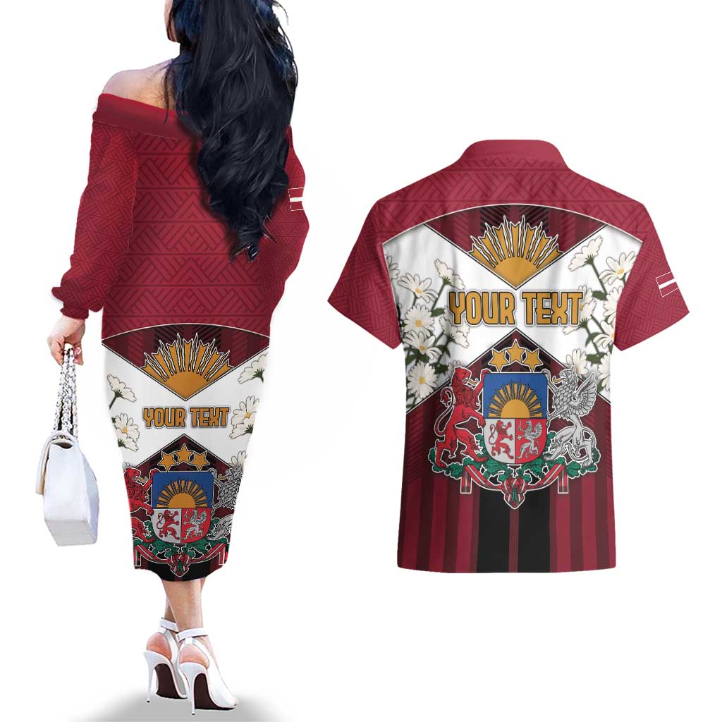 Personalized Latvia Couples Matching Off The Shoulder Long Sleeve Dress and Hawaiian Shirt Symbol With Latvians Patterns - Wonder Print Shop