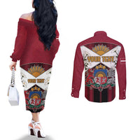 Personalized Latvia Couples Matching Off The Shoulder Long Sleeve Dress and Long Sleeve Button Shirt Symbol With Latvians Patterns - Wonder Print Shop