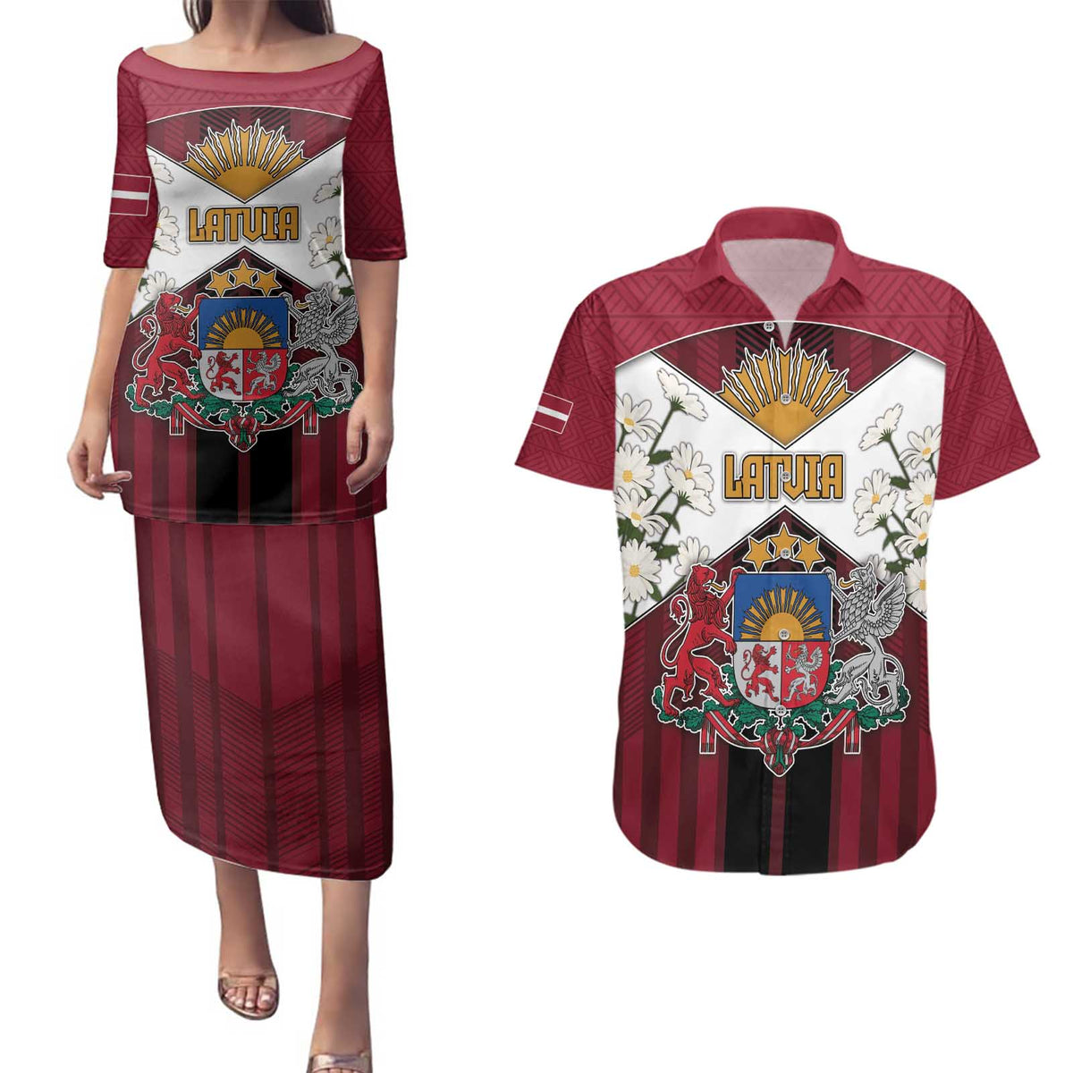 Personalized Latvia Couples Matching Puletasi and Hawaiian Shirt Symbol With Latvians Patterns - Wonder Print Shop