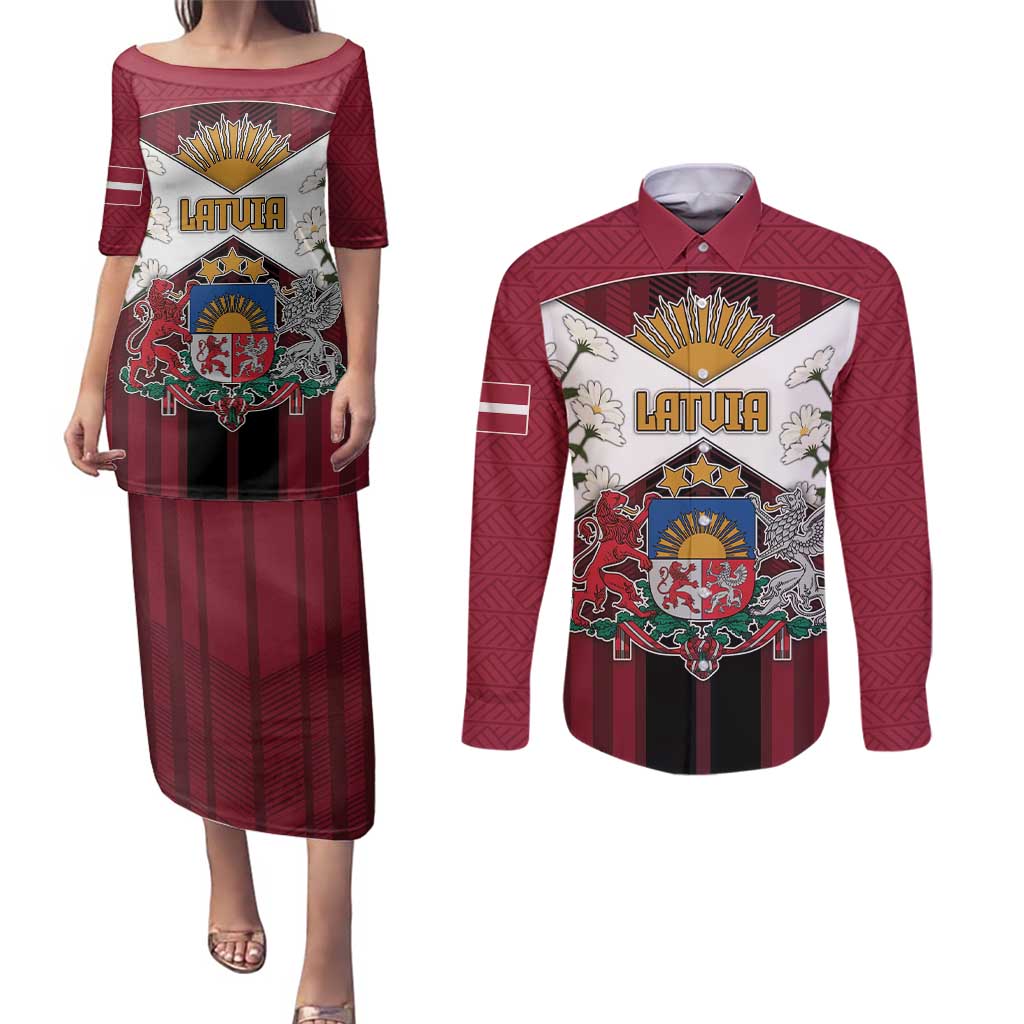 Personalized Latvia Couples Matching Puletasi and Long Sleeve Button Shirt Symbol With Latvians Patterns - Wonder Print Shop
